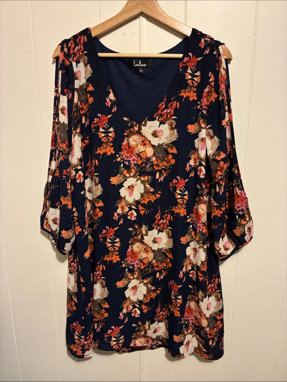 Lulu's Navy Floral V-Neck Cold-Shoulder Long Sleeve Dress